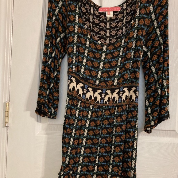 Manoush Tie-Waist Bohemian Vintage Cottagecore Whimsigoth Boho Deer Print Dress - Picture 2 of 11